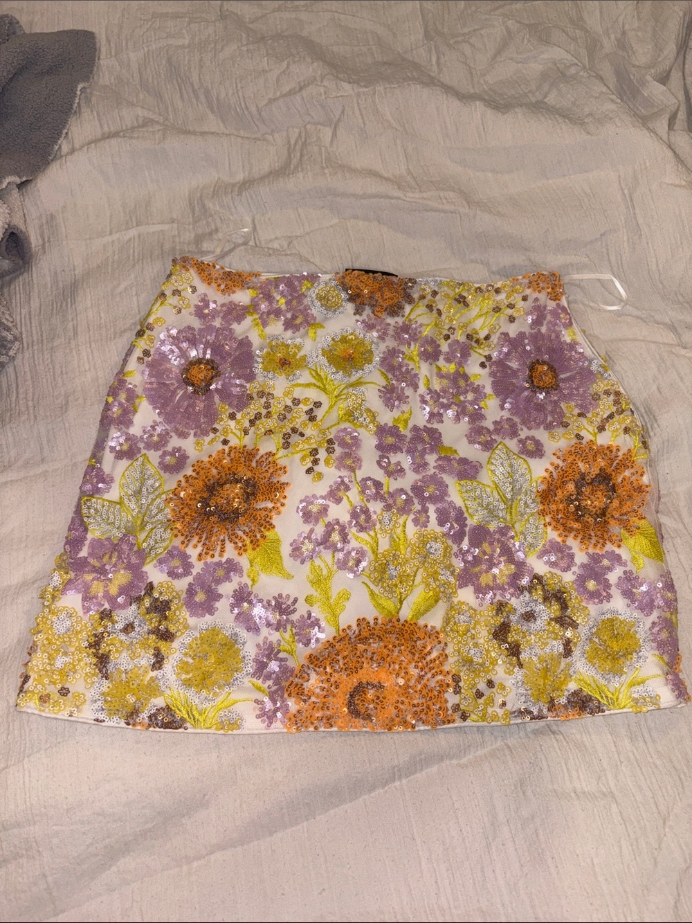 Vici Floral Sequin Mini Skirt - White with Orange, Yellow & Purple